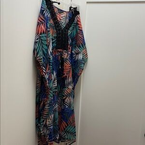 Tropical Leaf Print Dress with Black Lace